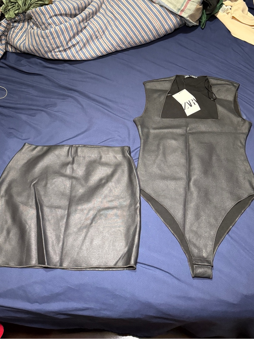 Zara Black Faux-Leather Bodysuit with Matching Mini Skirt